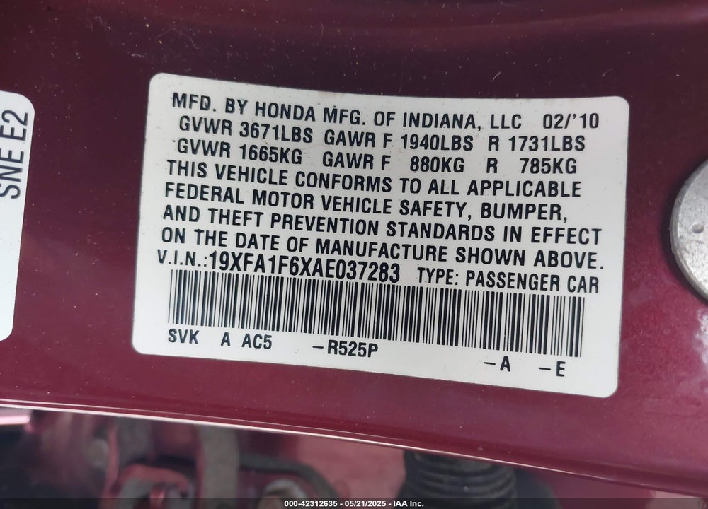 2010 HONDA CIVIC VIN: 19XFA1F6XAE037283