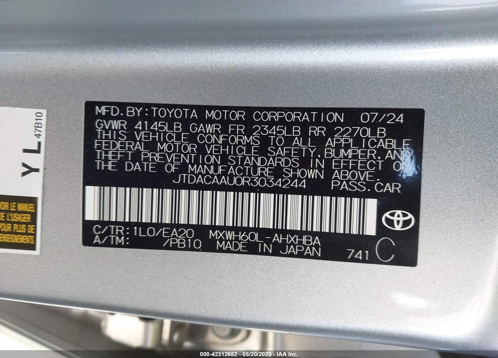 2024 TOYOTA PRIUS LIMITED VIN: JTDACAAU0R3034244