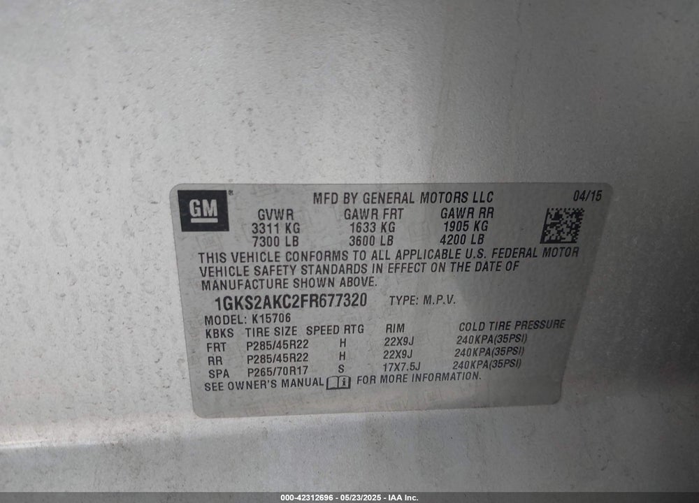 2015 GMC YUKON SLE VIN: 1GKS2AKC2FR677320