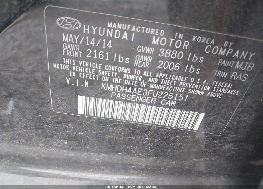 2015 HYUNDAI ELANTRA SE VIN: KMHDH4AE3FU225151