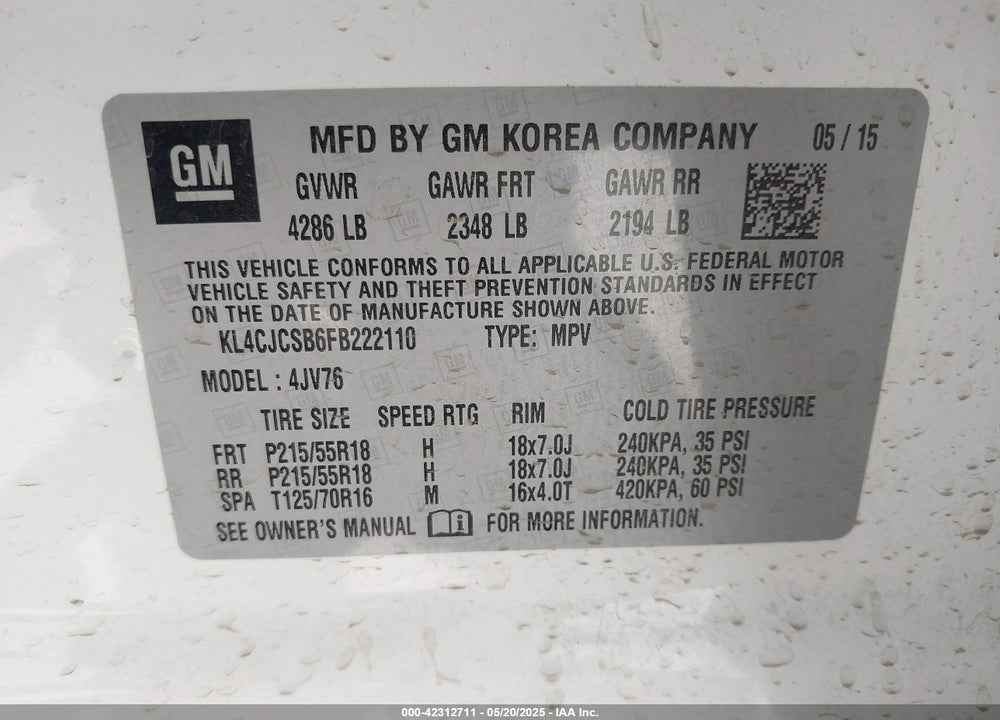 2015 BUICK ENCORE LEATHER VIN: KL4CJCSB6FB222110