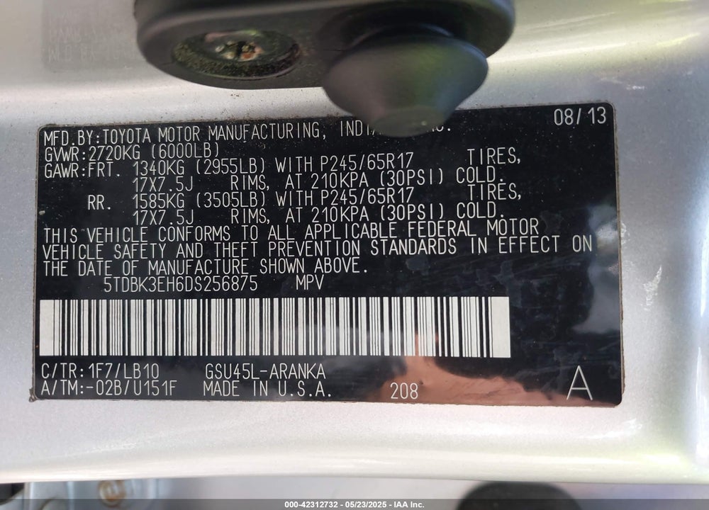 2013 TOYOTA HIGHLANDER SE V6 VIN: 5TDBK3EH6DS256875