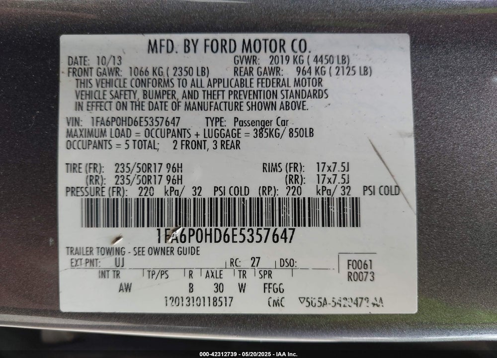 2014 FORD FUSION VIN: 1FA6P0HD6E5357647