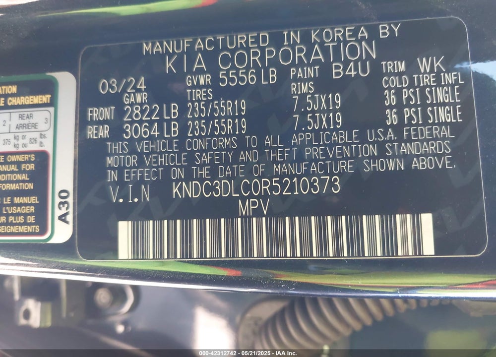 2024 KIA EV6 VIN: KNDC3DLC0R5210373