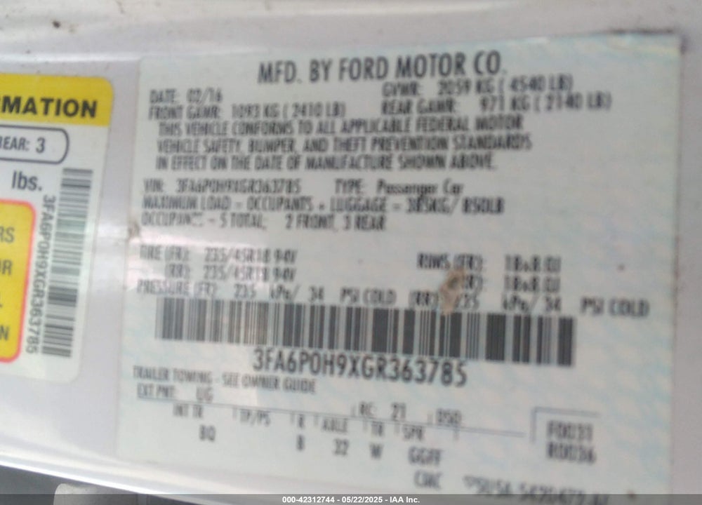 2016 FORD FUSION SE VIN: 3FA6P0H9XGR363785
