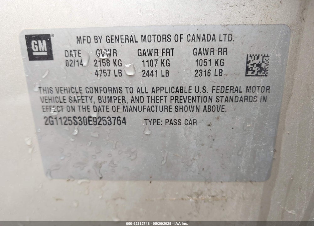 2014 CHEVROLET IMPALA 2LT VIN: 2G1125S30E9253764