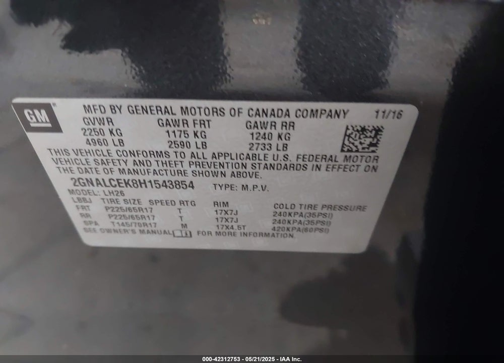 2017 CHEVROLET EQUINOX VIN: 2GNALCEK8H1543854