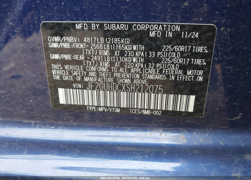 2025 SUBARU CROSSTREK VIN: JF2GUHDCXSH212075