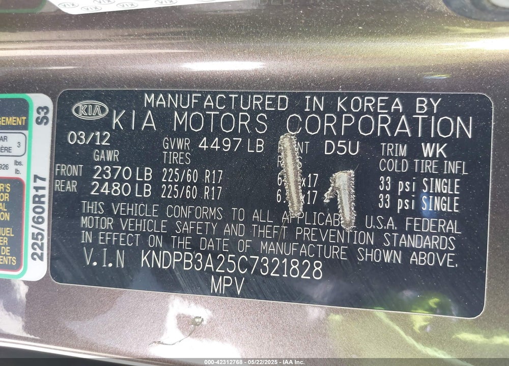 2012 KIA SPORTAGE VIN: KNDPB3A25C7321828