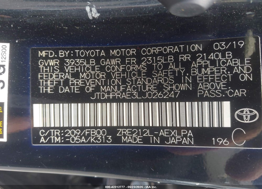 2020 TOYOTA COROLLA VIN: JTDHPRAE3LJ026247