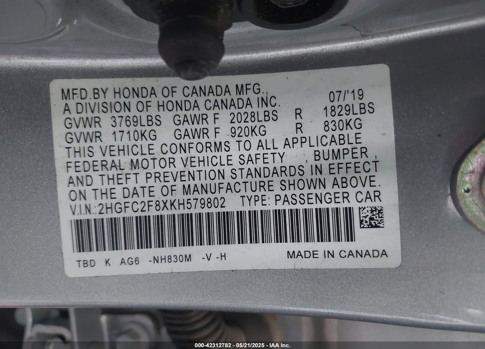 2019 HONDA CIVIC VIN: 2HGFC2F8XKH579802