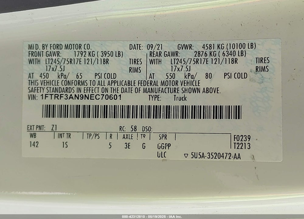 2022 FORD F-350 XL VIN: 1FTRF3AN9NEC70601