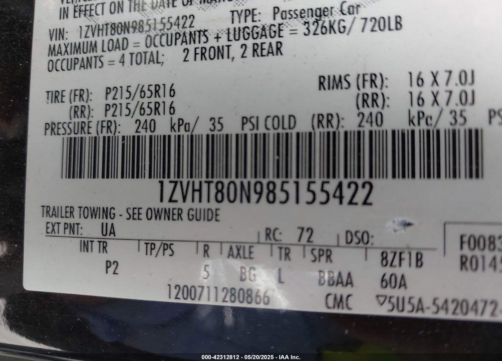 2008 FORD MUSTANG VIN: 1ZVHT80N985155422