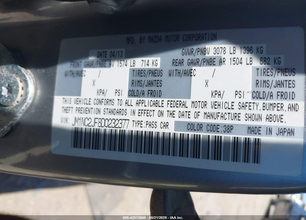 2013 MAZDA MX-5 MIATA SPORT VIN: JM1NC2JF8D0232377