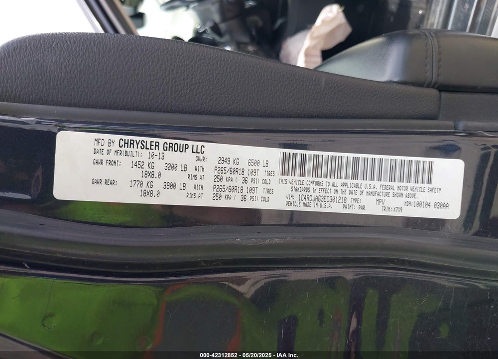 2014 DODGE DURANGO VIN: 1C4RDJAG3EC301218