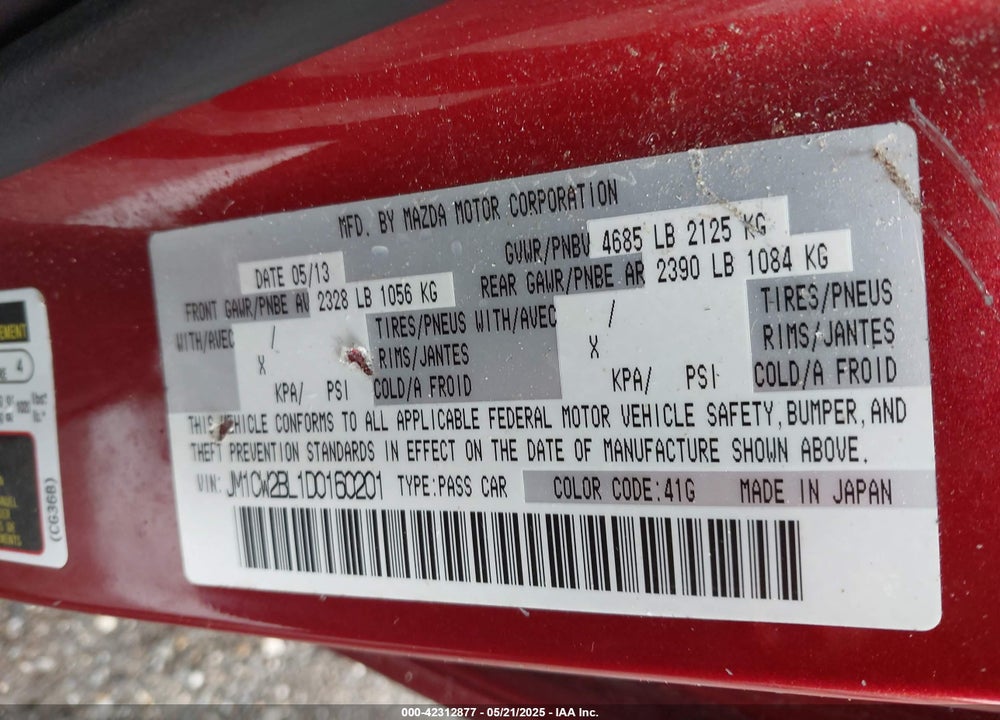 2013 MAZDA 5 VIN: JM1CW2BL1D0160201