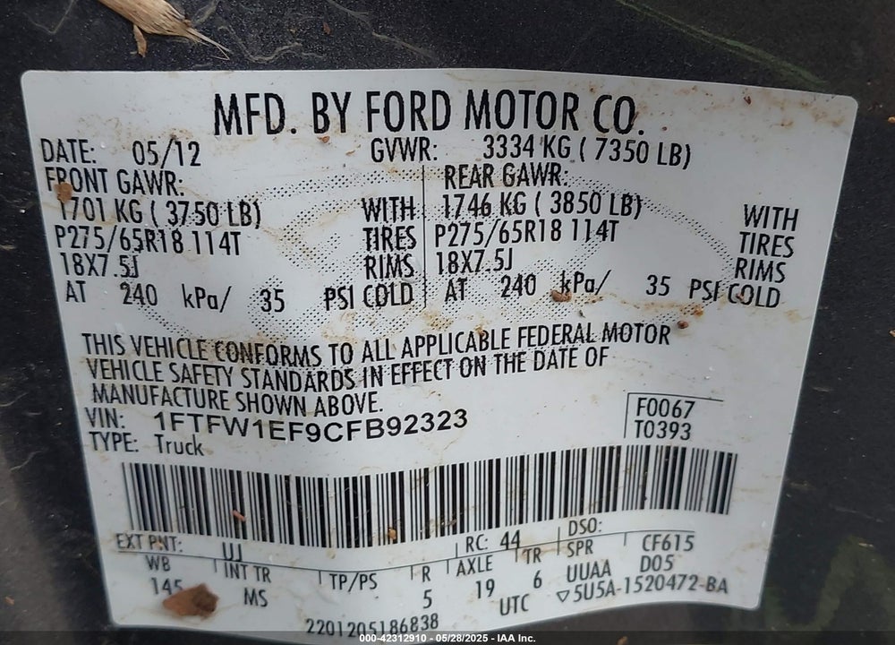2012 FORD F150 VIN: 1FTFW1EF9CFB92323