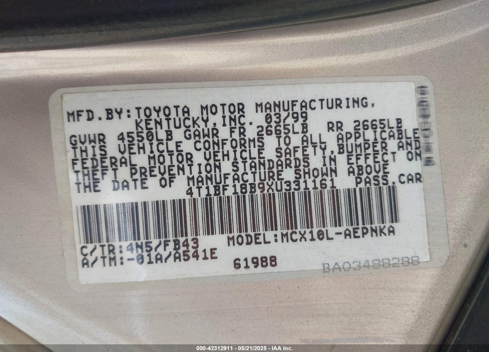 1999 TOYOTA AVALON XL/XLS VIN: 4T1BF18B9XU331161