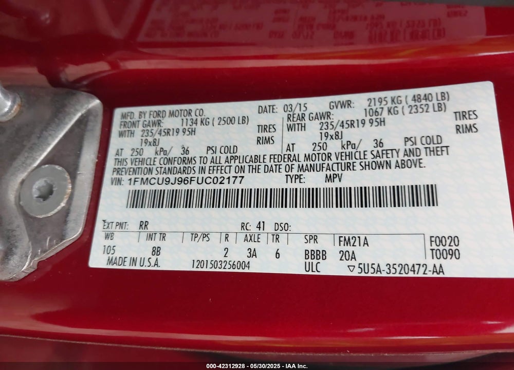 2015 FORD ESCAPE VIN: 1FMCU9J96FUC02177