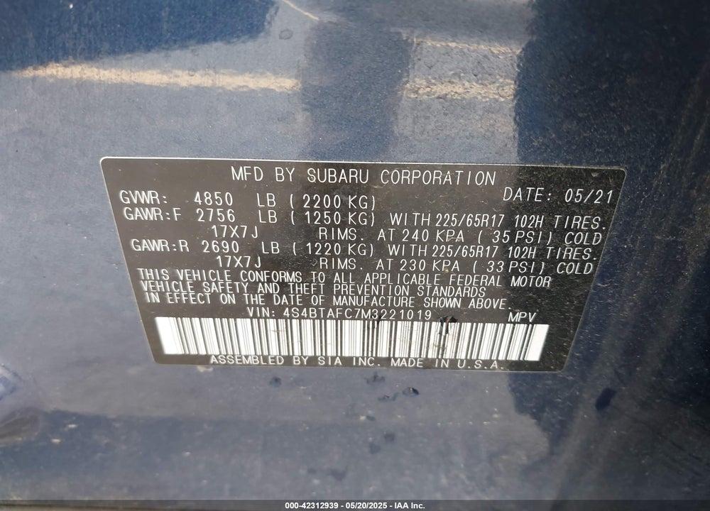 2021 SUBARU OUTBACK VIN: 4S4BTAFC7M3221019