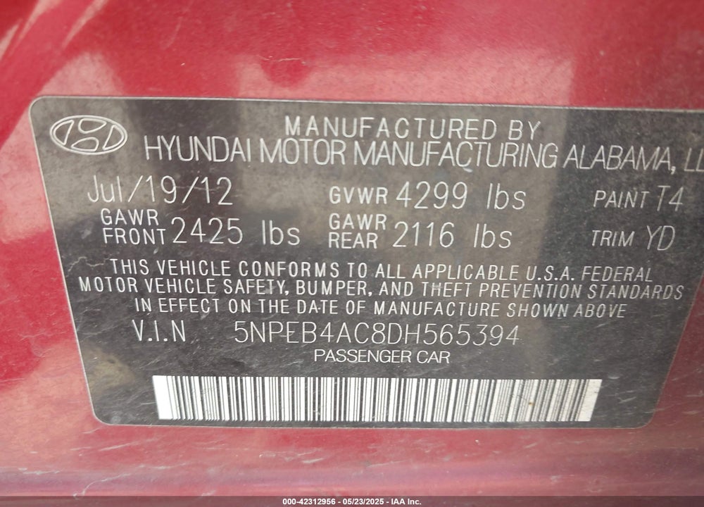 2013 HYUNDAI SONATA VIN: 5NPEB4AC8DH565394