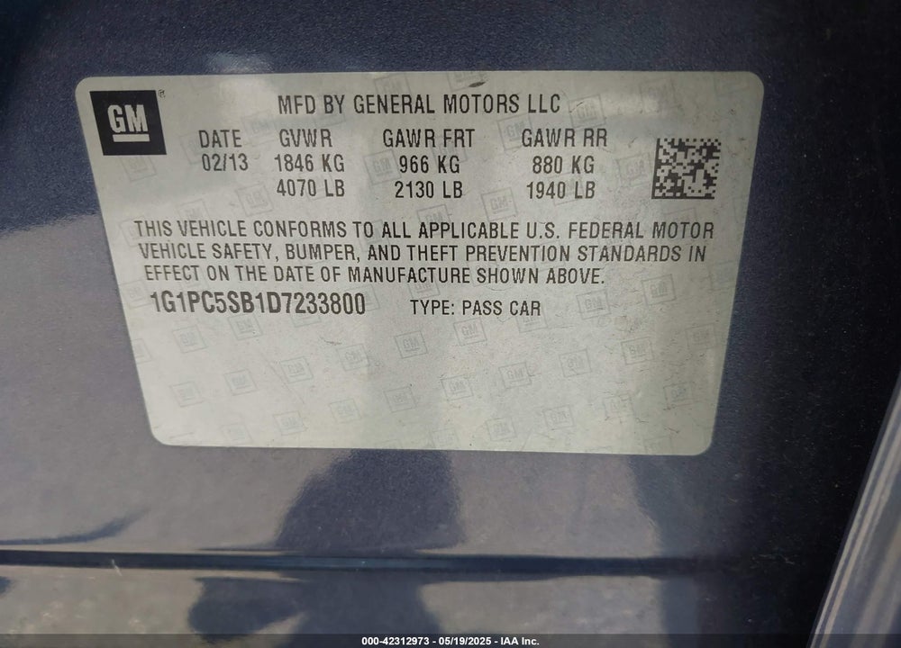 2013 CHEVROLET CRUZE VIN: 1G1PC5SB1D7233800