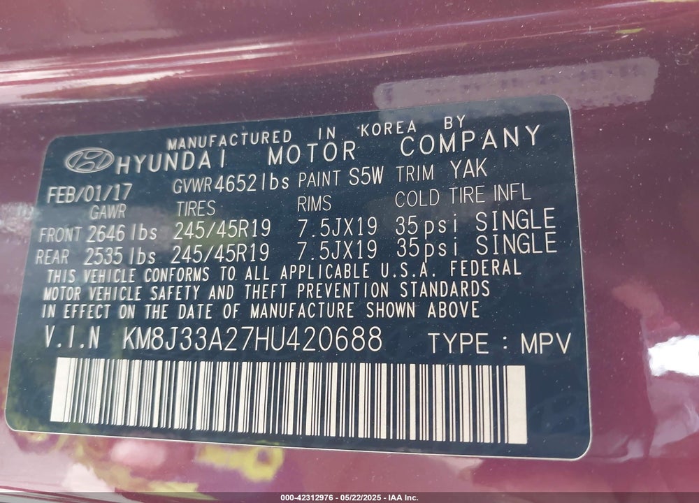 2017 HYUNDAI TUCSON VIN: KM8J33A27HU420688
