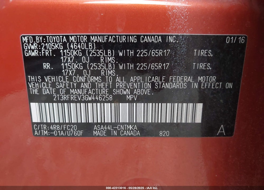 2016 TOYOTA RAV4 VIN: 2T3RFREV3GW446258