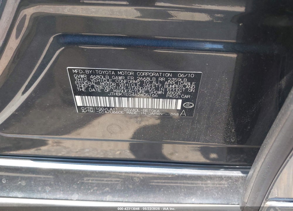 2010 LEXUS ES 350 VIN: JTHBK1EG4A2405166