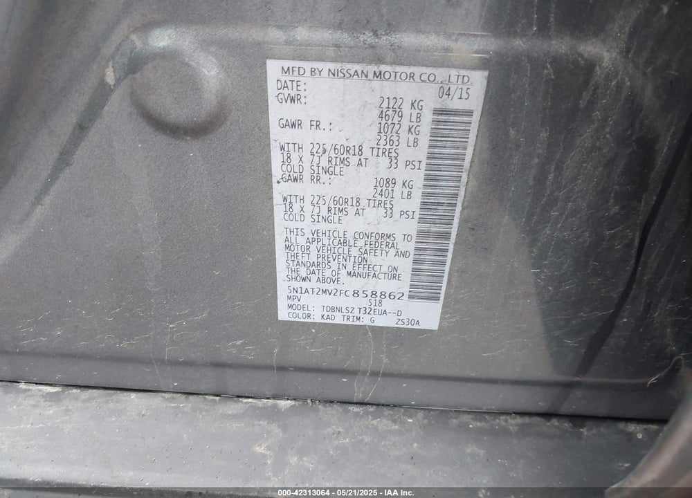 2015 NISSAN ROGUE VIN: 5N1AT2MV2FC858862