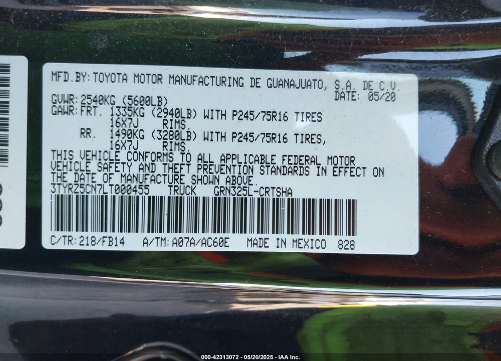 2020 TOYOTA TACOMA SR V6 VIN: 3TYRZ5CN7LT000455