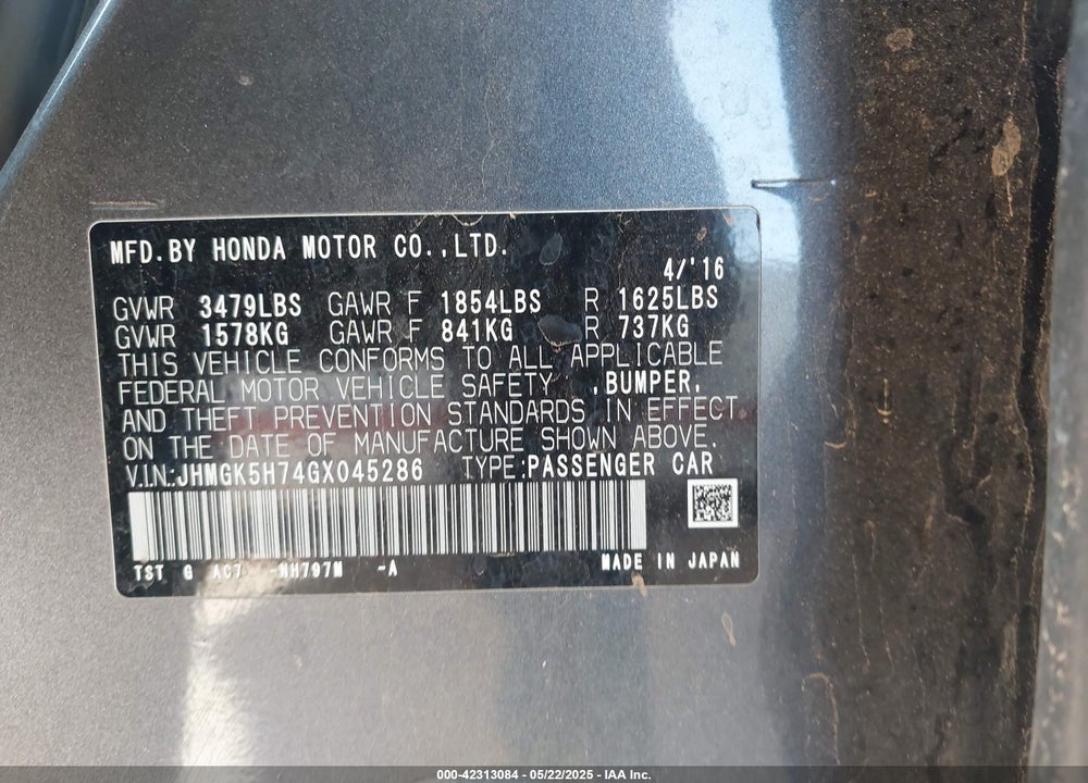 2016 HONDA FIT EX VIN: JHMGK5H74GX045286