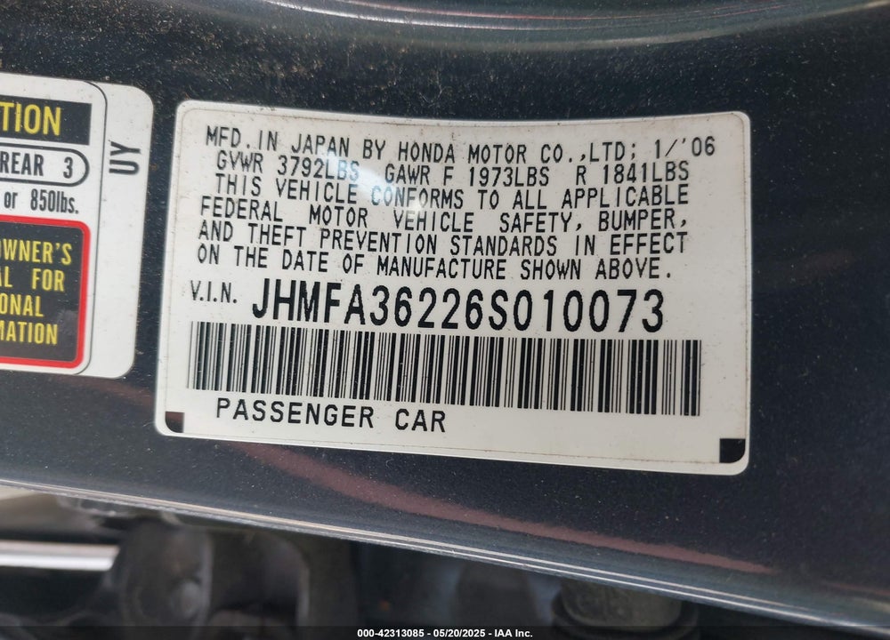 2006 HONDA CIVIC HYBRID VIN: JHMFA36226S010073
