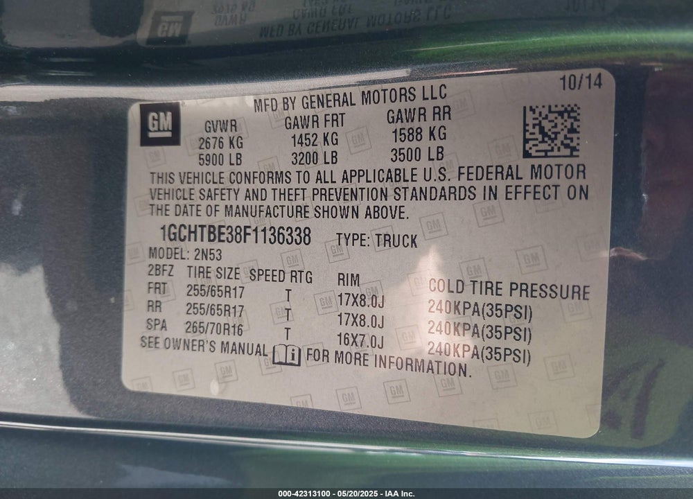 2015 CHEVROLET COLORADO LT VIN: 1GCHTBE38F1136338