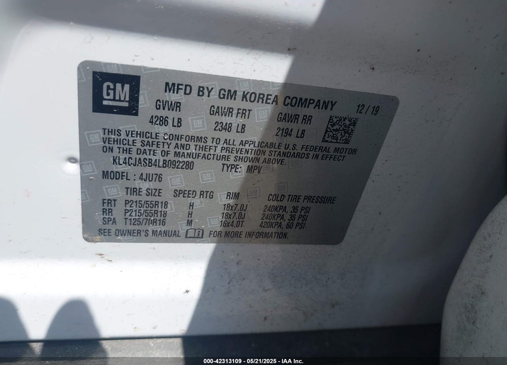 2020 BUICK ENCORE VIN: KL4CJASB4LB092280