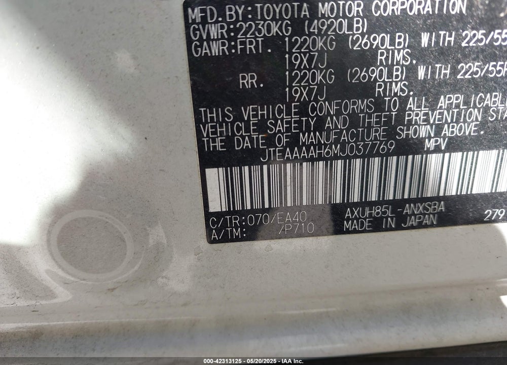 2021 TOYOTA VENZA VIN: JTEAAAAH6MJ037769