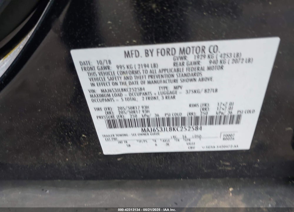 2019 FORD ECOSPORT VIN: MAJ6S3JL8KC252584