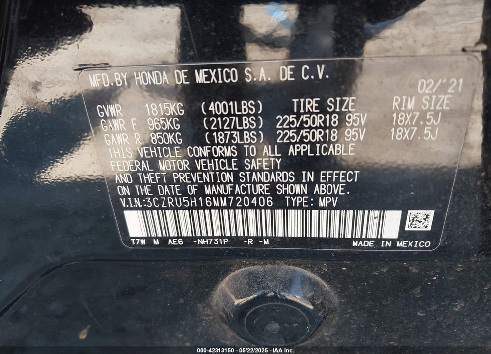 2021 HONDA HR-V 2WD SPORT VIN: 3CZRU5H16MM720406