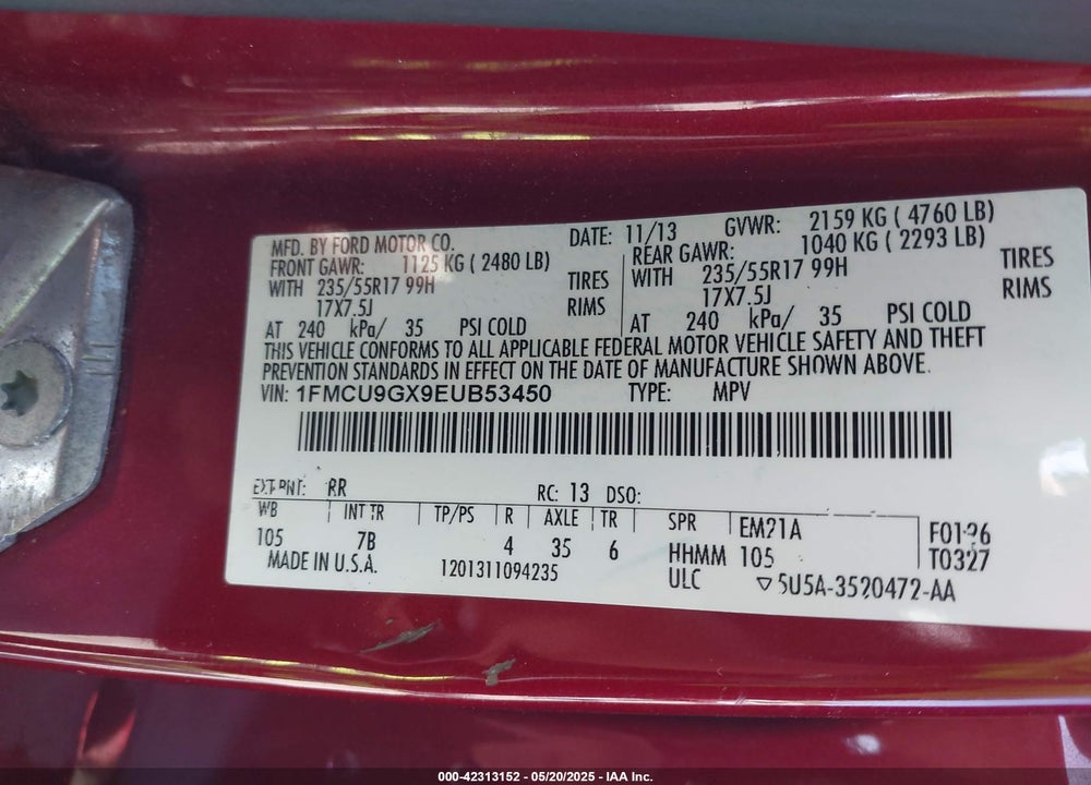 2014 FORD ESCAPE VIN: 1FMCU9GX9EUB53450