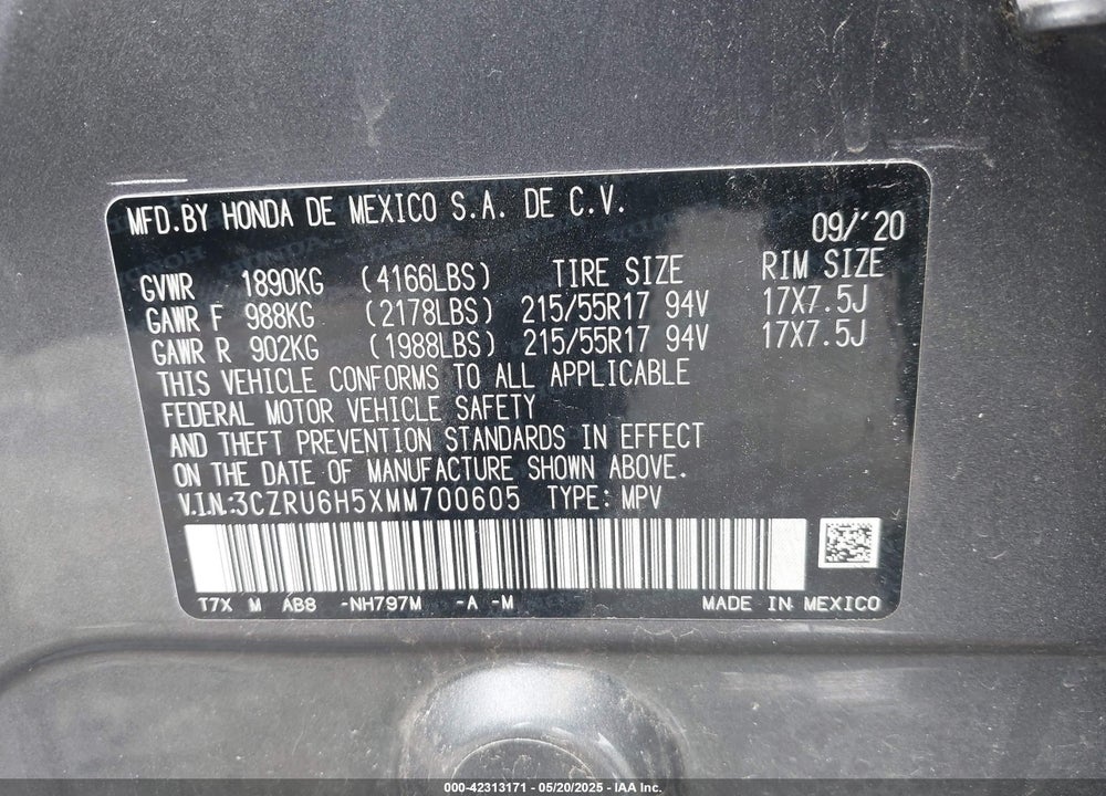 2021 HONDA HR-V VIN: 3CZRU6H5XMM700605