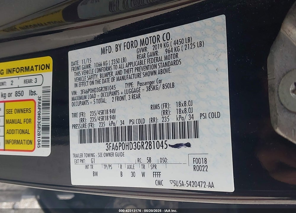 2016 FORD FUSION VIN: 3FA6P0HD3GR281045