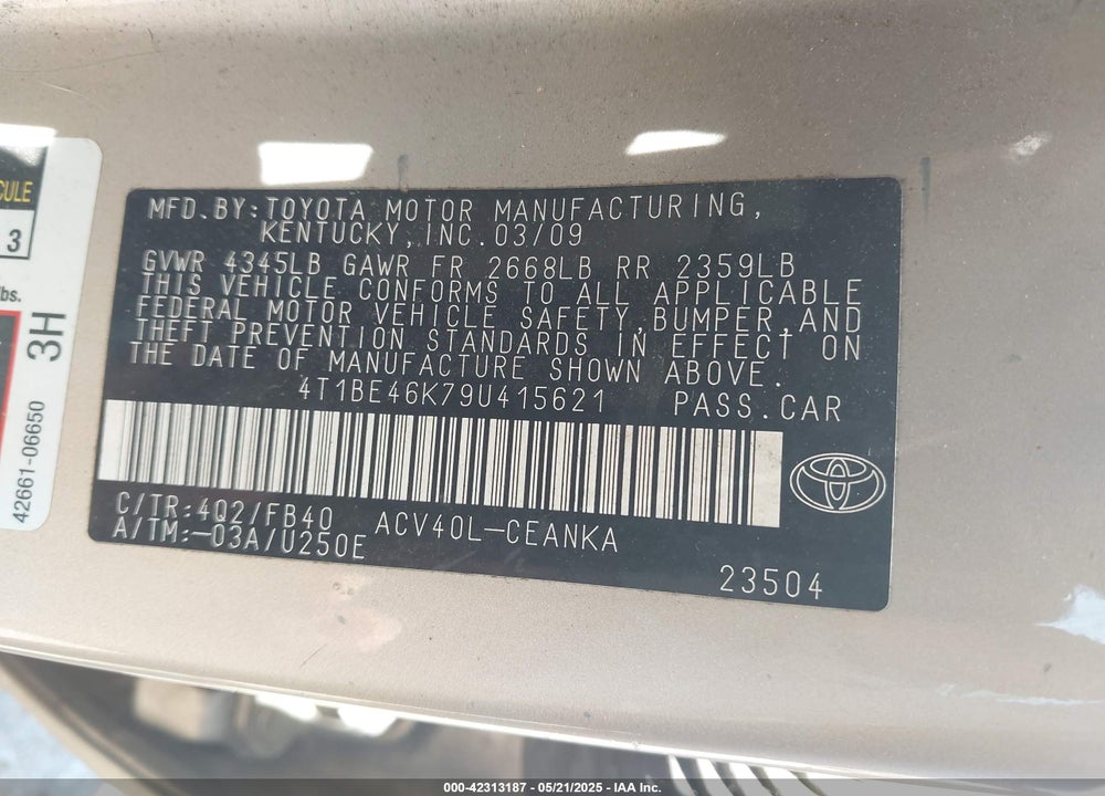 2009 TOYOTA CAMRY VIN: 4T1BE46K79U415621