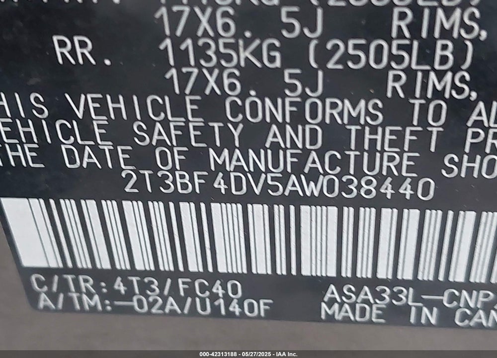 2010 TOYOTA RAV4 VIN: 2T3BF4DV5AW038440