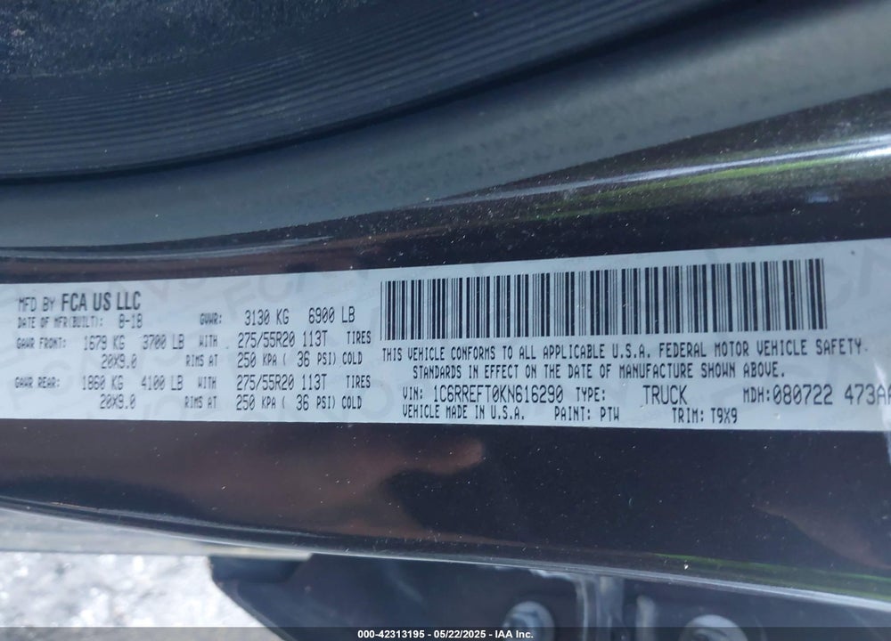 2019 RAM 1500 VIN: 1C6RREFT0KN616290