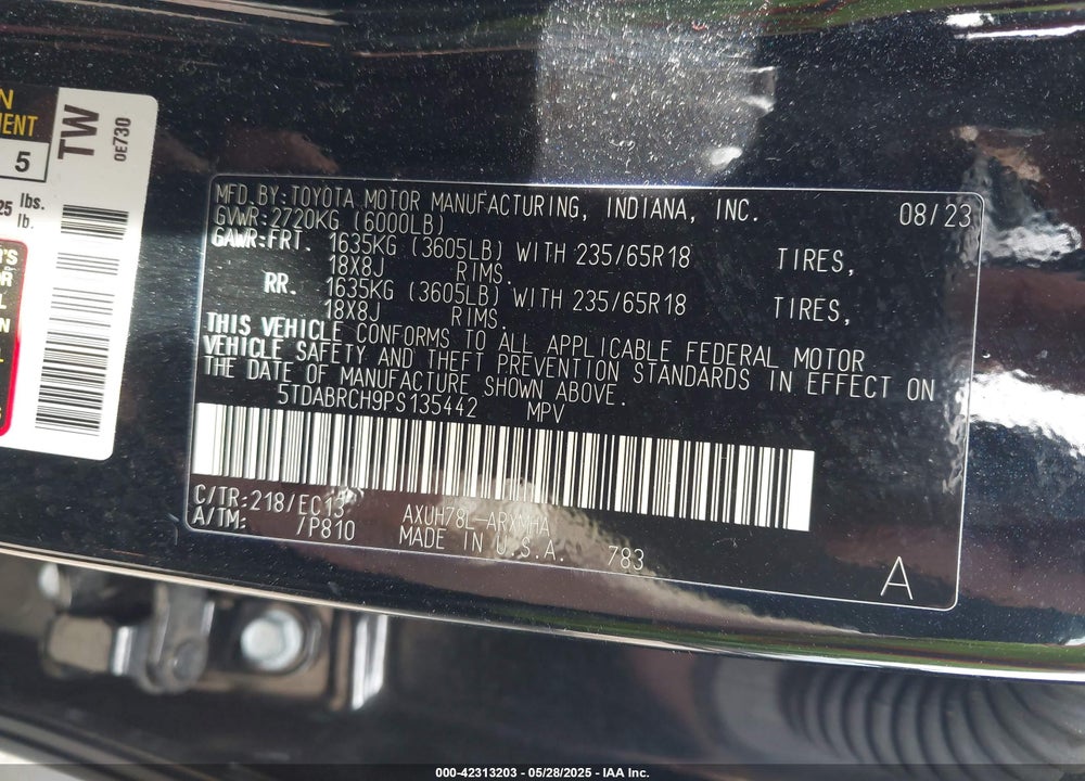 2023 TOYOTA HIGHLANDER VIN: 5TDABRCH9PS135442