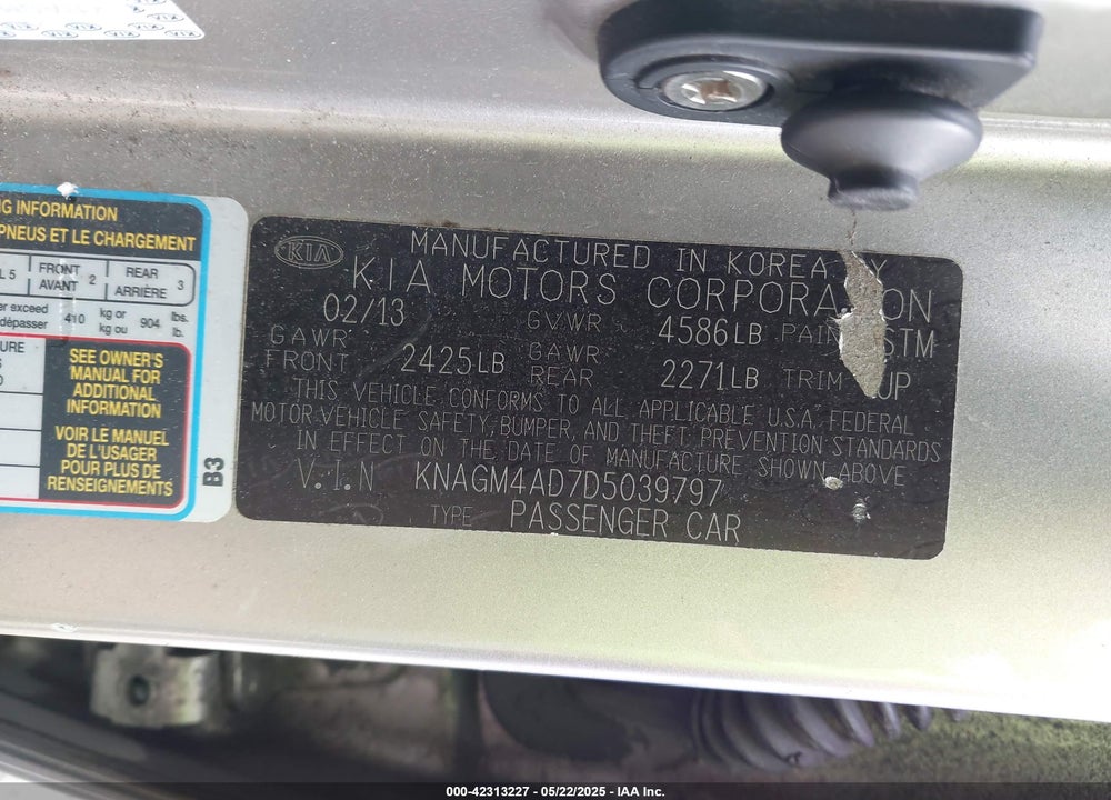 2013 KIA OPTIMA HYBRID LX VIN: KNAGM4AD7D5039797