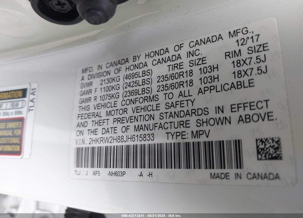 2018 HONDA CR-V EX-L/EX-L NAVI VIN: 2HKRW2H88JH615833