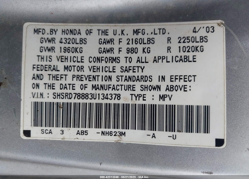 2003 HONDA CR-V EX VIN: SHSRD78883U134378