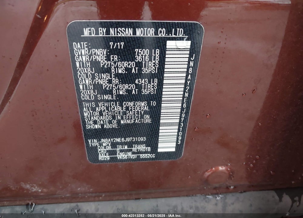 2018 NISSAN ARMADA PLATINUM VIN: JN8AY2NE6J9731093