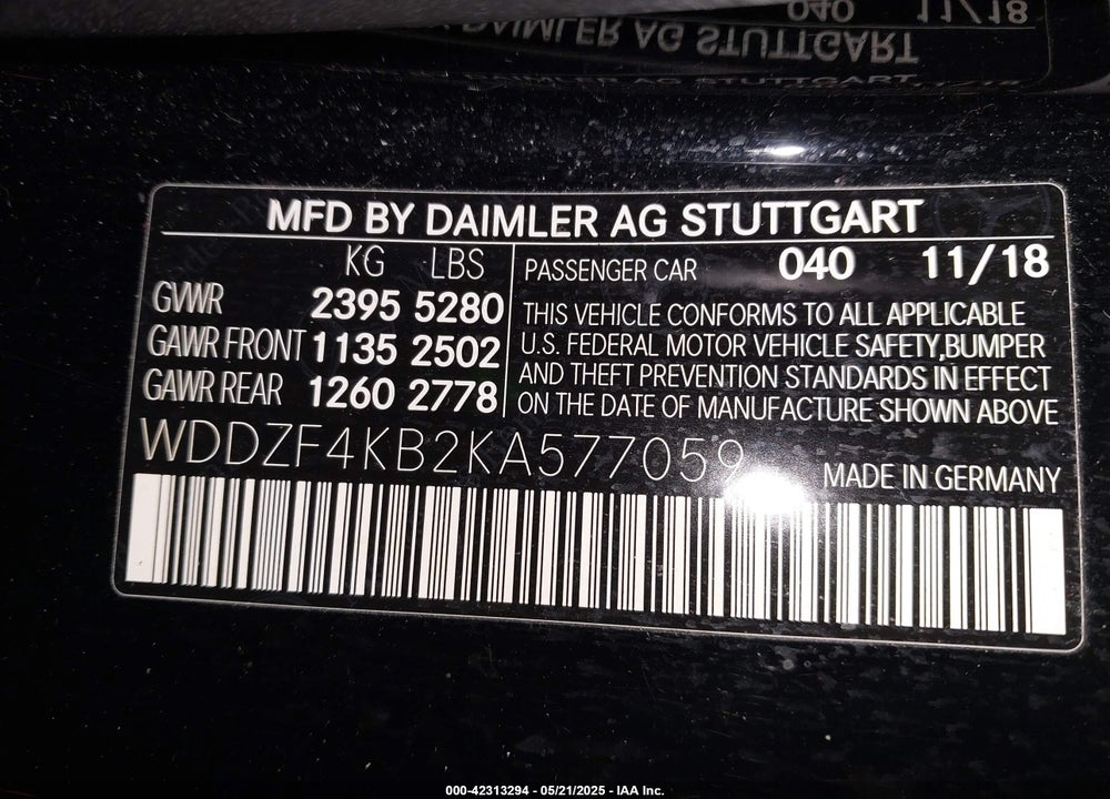 2019 MERCEDES-BENZ E VIN: WDDZF4KB2KA577059